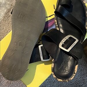 Fly London Black Leather Sandals with Silver Buckle